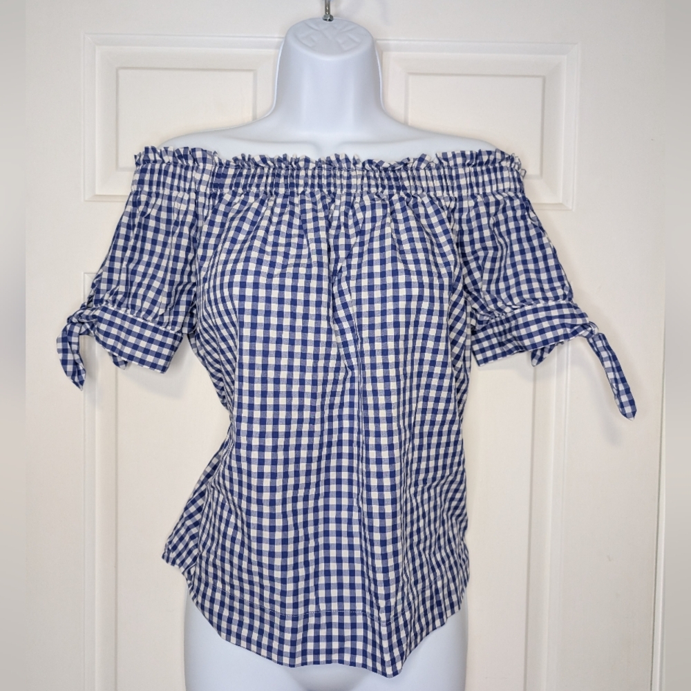 J. Crew Navy & White Gingham Off-Shoulder Blouse